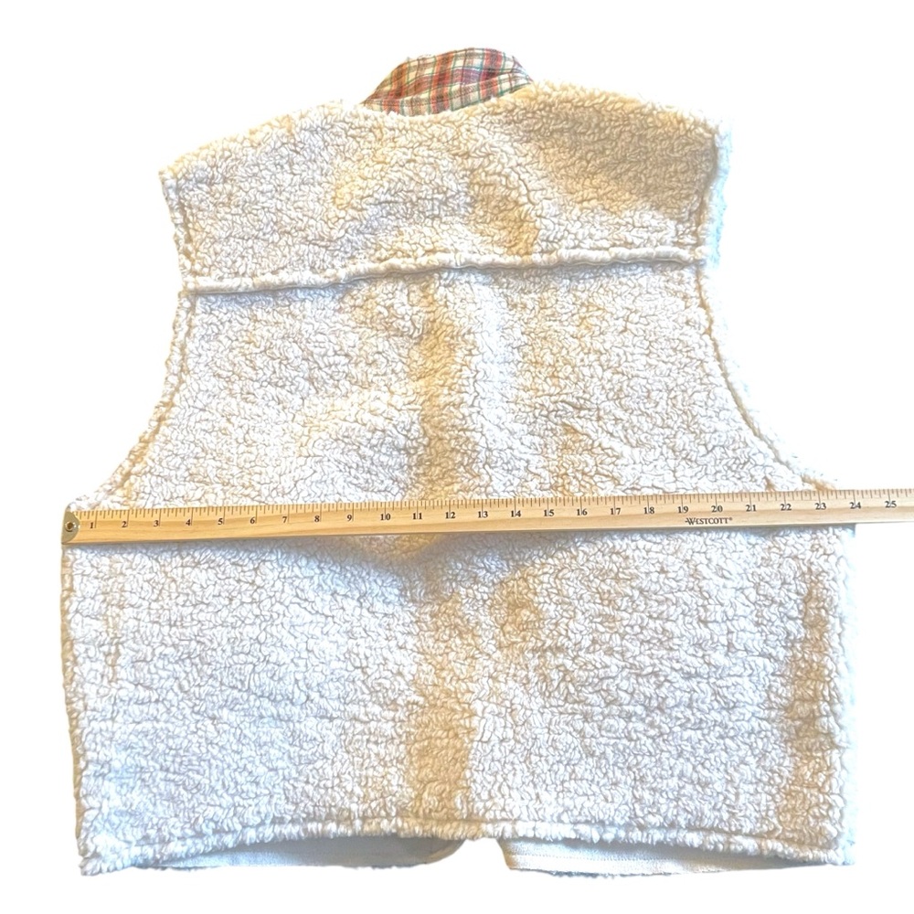 NWT Cozy Cream Sherpa Vest by Cider Snap Front Tartan Plaid Trim Cottage Nordic - Picture 10 of 15